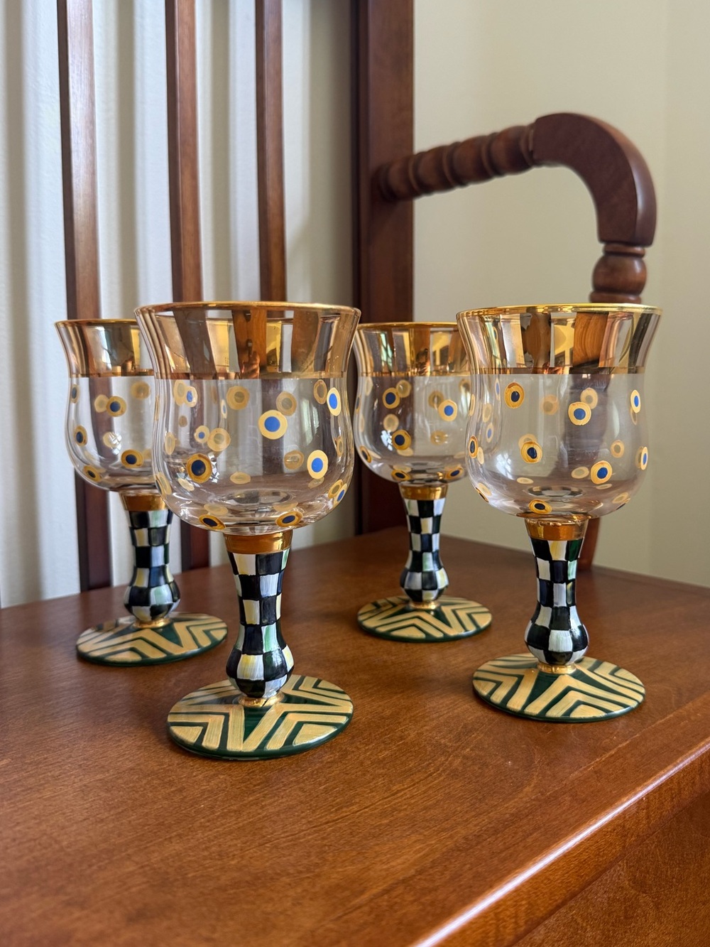 MacKenzie-Childs Hand-Painted Gold & Black Decorative Wine Glasses - Set of 4